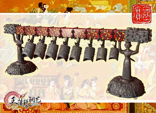 8件古編鐘，銅人銅座裝飾，可發(fā)音